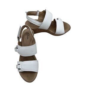 Clarks Collection White Leather Cork Wedge Sandals 6.5